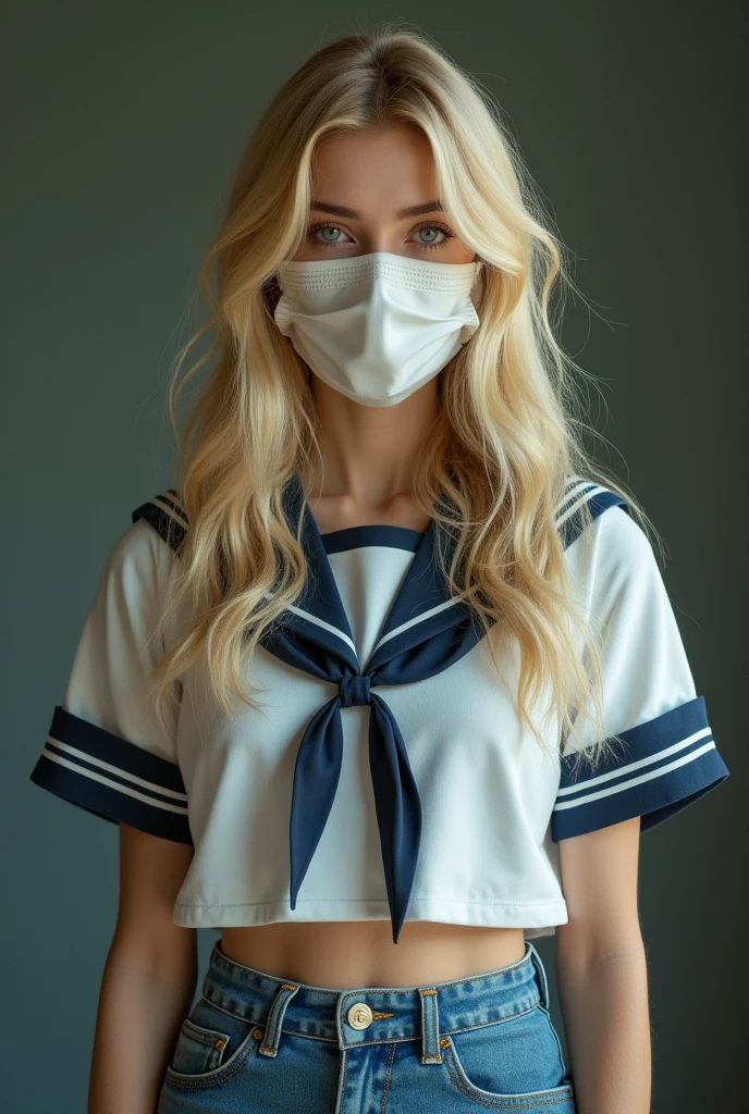 a blonde woman , mouth veil, school uniform, UHD, Ultra-quality, Ultra-details, Ultra-resolution, Ultra-realistic, blue jeans, 16K, Hyperrealistic, Realistic Rendering