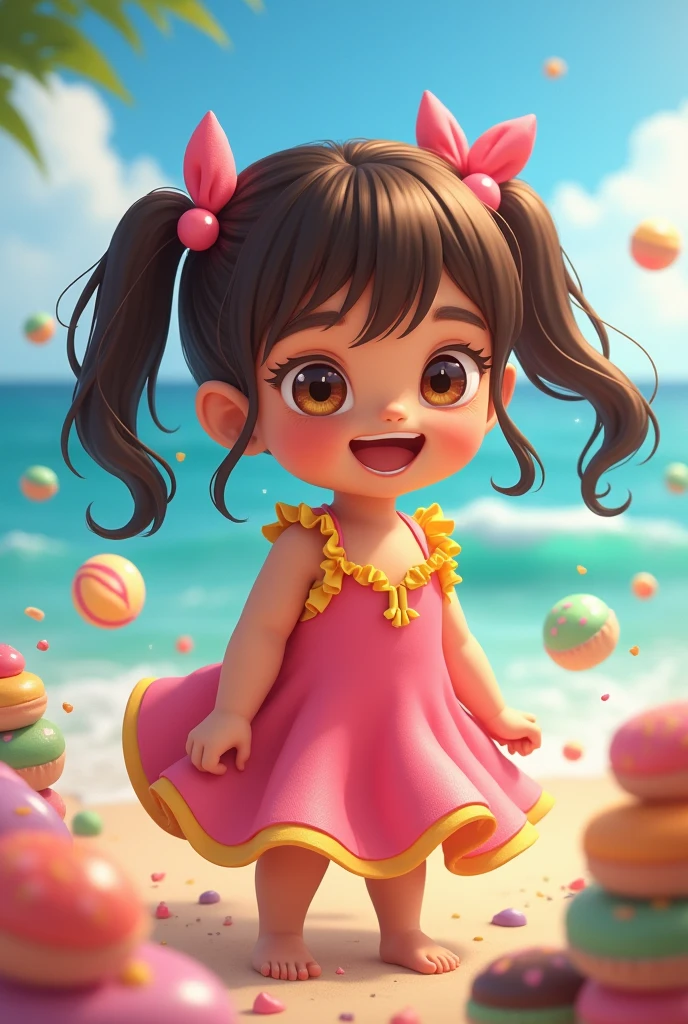 little Erê, brown skin, straight hair with pigtails in the hair, perto do mar, giggling, wearing a pink dress with yellow details, with bows in her hair, full of sweets nearby