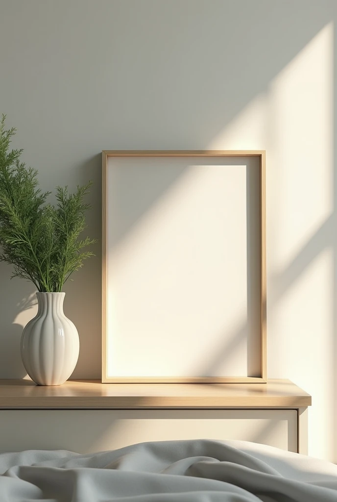 an empty picture frame on a night stand with a vase with greens
