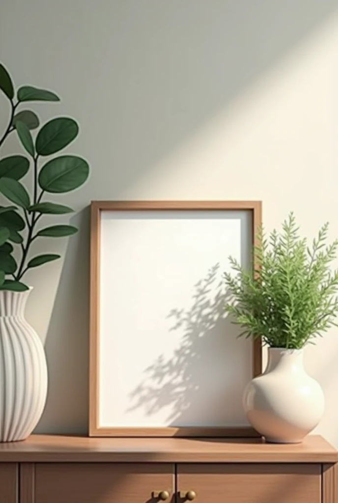 an empty picture frame on a night stand with a vase with greens
