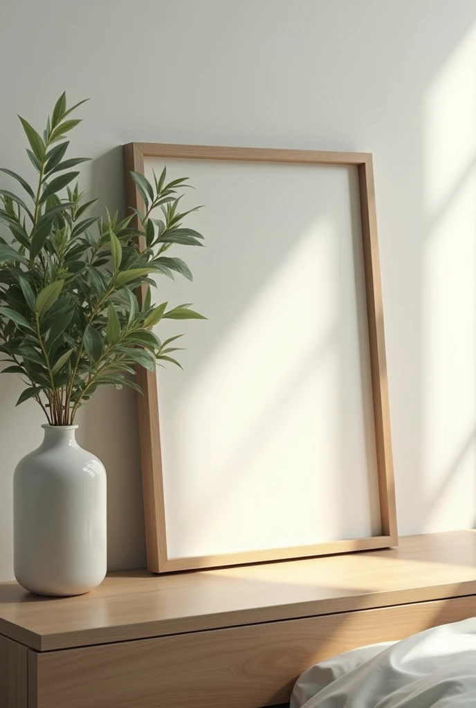 an empty picture frame on a night stand with a vase with greens
