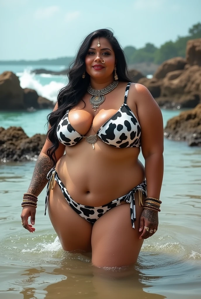 Wet CURVY FIT PAWG MARRIED INDIAN BRIDE, full body picture ,  Wet curvy, wet Desi Bhabhi showing her big ass sexy   PATTERN thong bikini and showing cleavage ose ring, many bangles in hands,earings, necklace ,lipstick ,navel,Indian, Chubby, showing her curves in sea water, sea waves , rocks, Group of lesbian women, Heendi, 