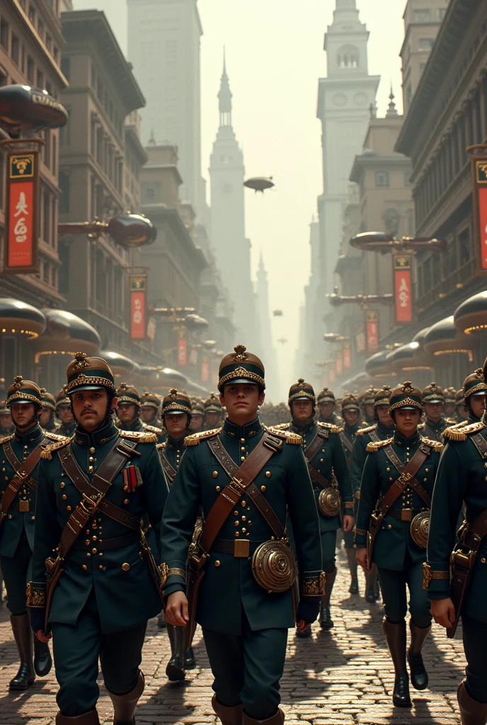 Steampunk theme Imperial Soldiers marching parade in the city