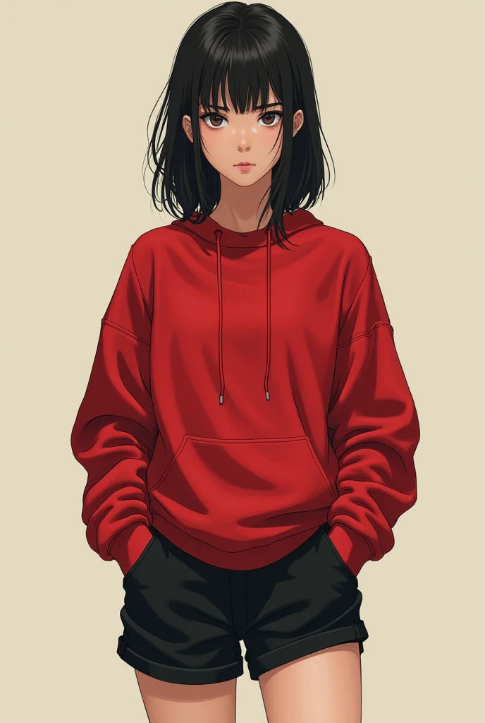 (work of art, best qualityer:1.2), cowboy shot, standing alone, 1 girl, Sawatari Akane, unexpressive, looking ahead at viewer, hands in pockets, moletom vermelho, Black shorts