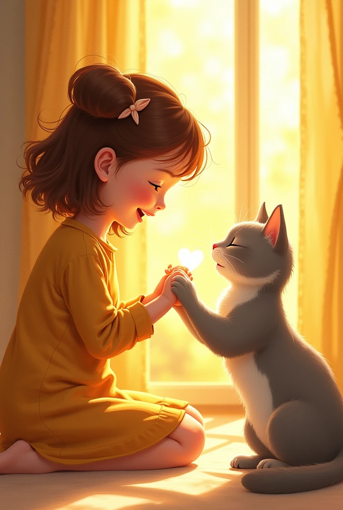 Girl holding hands and paws of light gray cat in sunny room 、I have chestnut hair Light overflows from our joined hands Great happy feeling Watercolor The overall design is classic.、The color is dark yellow Picture book illustrations