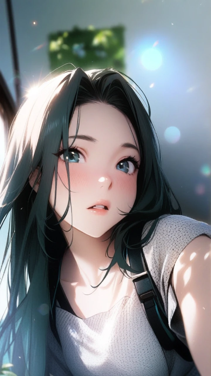 1girl,hatsune miku,blur,backlighting side lighting,sun light,lens flare, nature, vegetation, looking at viewer, masterpiece
