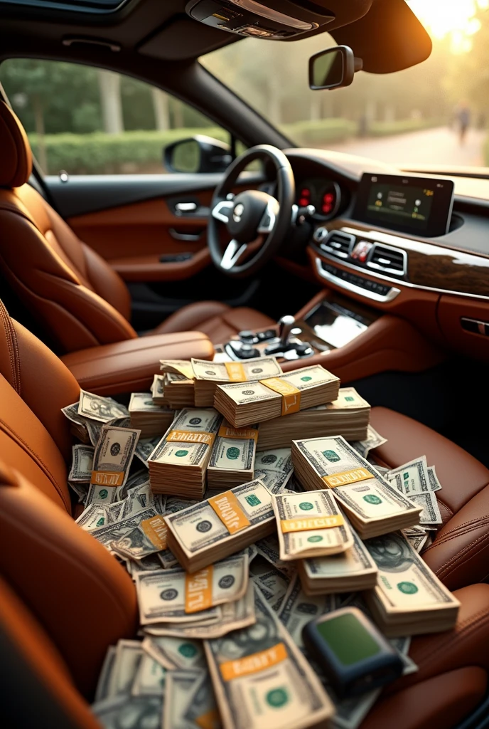 Luxury car from inside with full of money and luxury items like money ,mobile , watches etc
More money alot of bundle of notes money