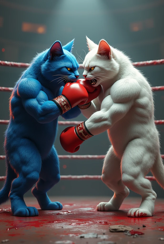 Let the blue cat punch the white cat and let the blood flow, let the cats be muscular and have boxing gloves in their hands, let it be realistic, let it be in the ring 8k