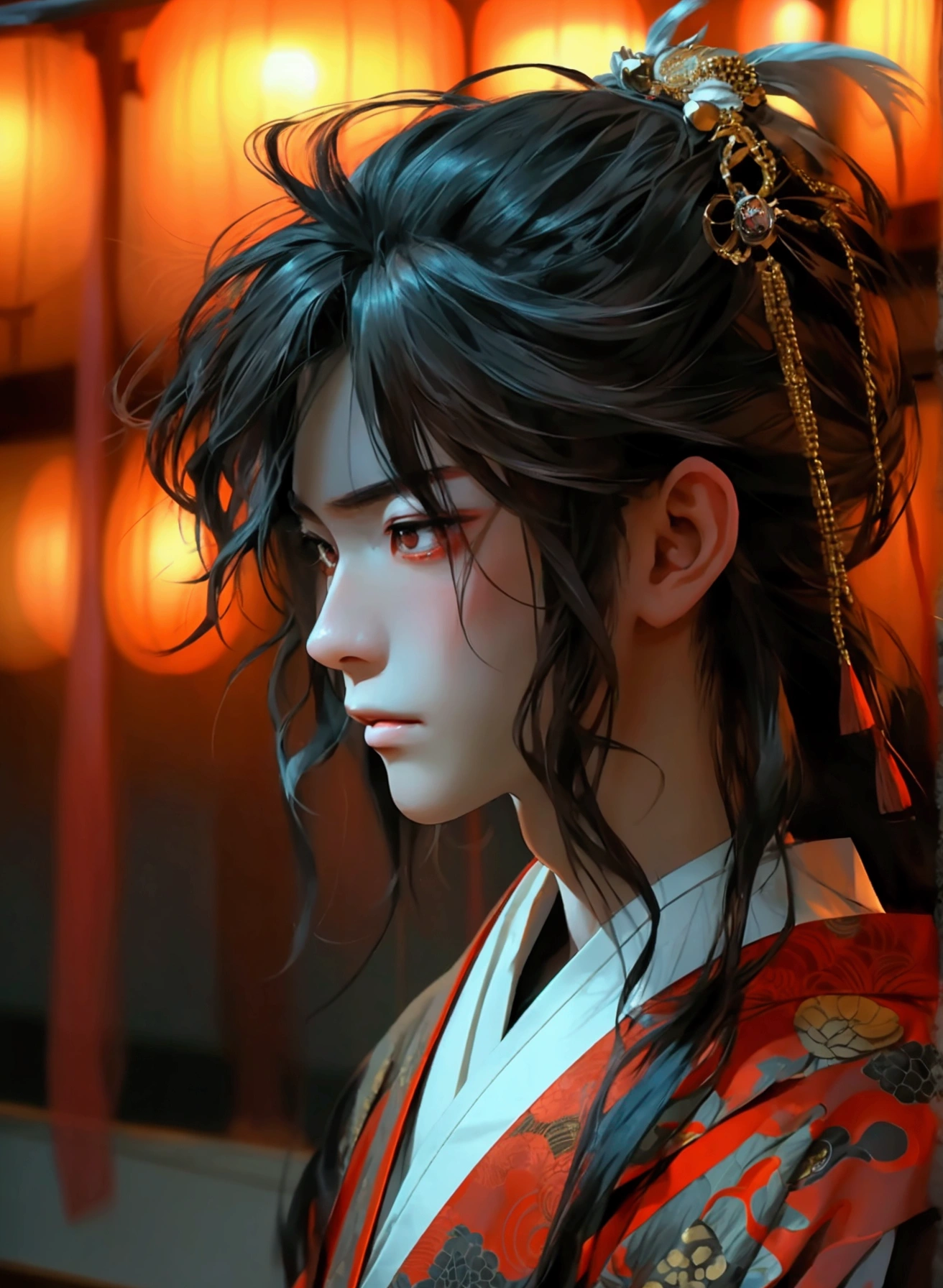 In a traditional Japanese theater, a slender young man, dressed in kabuki attire, with waist-length raven hair, pale-rosy skin, and striking brown eyes, embodies elegance and grace as he moves gracefully under the dimly lit stage.