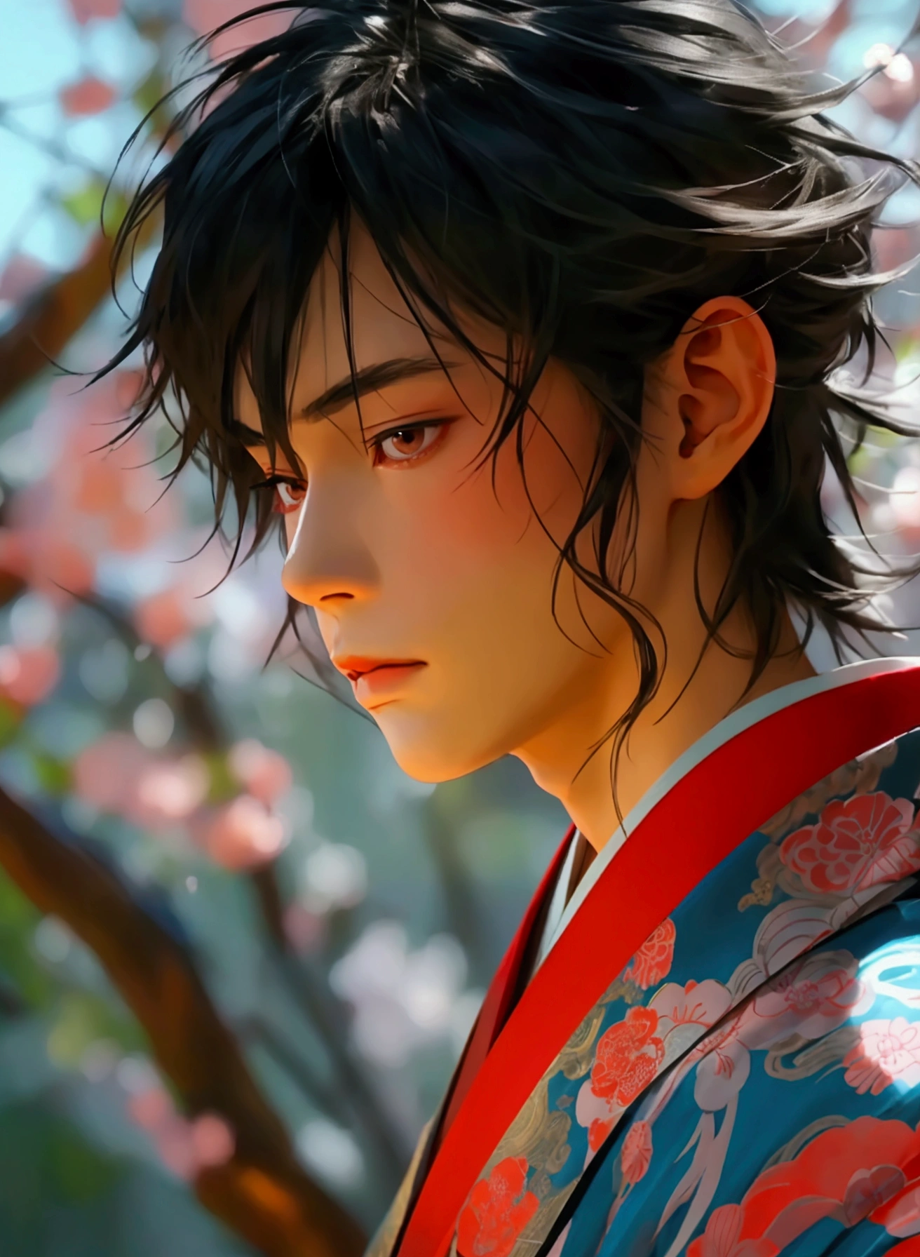 In a traditional Japanese theater, a slender young man, dressed in kabuki attire, with waist-length raven hair, pale-rosy skin, and striking brown eyes, embodies elegance and grace as he moves gracefully under the dimly lit stage.