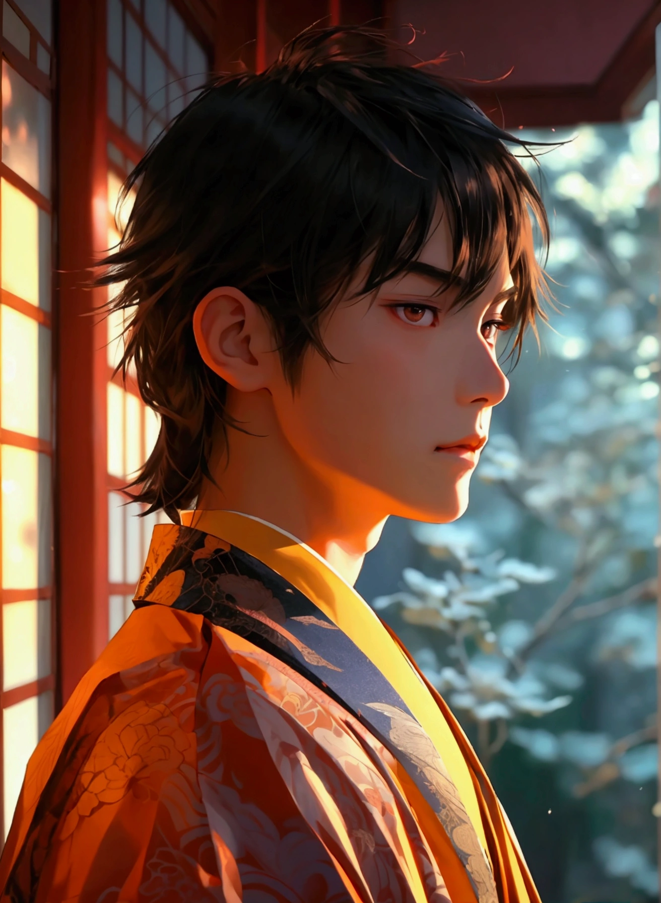 In a traditional Japanese theater, a slender young man, dressed in kabuki attire, with waist-length raven hair, pale-rosy skin, and striking brown eyes, embodies elegance and grace as he moves gracefully under the dimly lit stage.