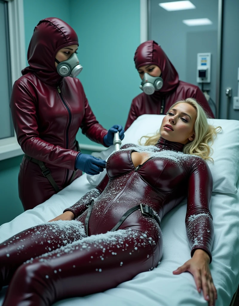 (highly detailed) Hot young tennage girl is wearing dark matte cherry winter latex suit with black elements suit is covered in sweat that reflect the light of the sun she has blond wavy hair freckles and her ass is bigger her brest is big HD real photo 8K she is fit her waist is slim she is looking very young her brest is very big she curves her ass on her waist is belt her hair is covered in snow winter she also wears tight dark cherry climbing harness around her ass her face is looking very young and thin snow is lying on every part of her suit Snow is on her ass and brest she is looking young and happy she is lying on a hospital bed she is in hospital building her arms are tide to a hospital bed she is straped by leather straps to hospital bed her eyes are closed Two Nurses are standing next to her nurses looks the same as girl. Two Nurses are using vibrator on girl body girl is wearing on her face and nose pilot oxygen girl is straped to hospital bed by leather straps nurse is wearing pilot oxygen maskon her face and nose that lookes like is conected to pipe girl is looking worried and dizzy Two Nurses are looking like she nurse is wearing latex gloves Nurses are wearing full covering pilot oxygen mask Nurses are weairng latex suit Two hot nurses girl is wearing pilot oxygen mask on her face and nose Two nurses are using vibrator on her body Nurses are two woman looking like she Nurses are wering pilot oxygen mask covering face nad mouth