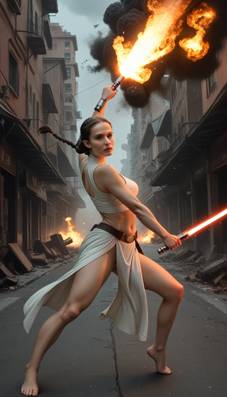 Padme Amidala, in fighting pose, holding a lightsaber, wears a jedi clothes, cleavege, mid shot, voluptuous legs,  belly is exposed, top, in a street of a futuristic city,  an explosion is in the back, tie fighter are flying in the sky, at night, barefoot, stormtropper is near