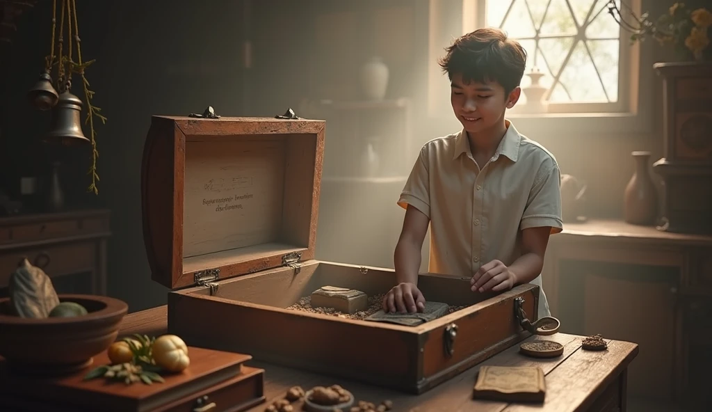 Create an ultra-realistic image of an emotional and mystical discovery. A young man, one of Vô Augusto's descendants, is seen carefully opening an old, weathered wooden chest in a dimly lit attic. Among the dusty artifacts, he finds a worn-out leather-bound notebook, its pages surprisingly well-preserved despite the years. The notebook contains the handwritten prayers of Vô Augusto, filled with simple yet powerful words. The atmosphere is charged with a mystical energy, as if the room itself remembers the spiritual power Vô Augusto once wielded. The young man’s expression reflects awe and reverence as he realizes the significance of the discovery. Surrounding the scene are subtle elements like healing herbs, an old silver bell, and symbols of blessings, all hinting at the profound legacy that Vô Augusto left behind. The overall mood should convey a sense of timeless spirituality, the enduring power of faith, and the magical connection between past and present.