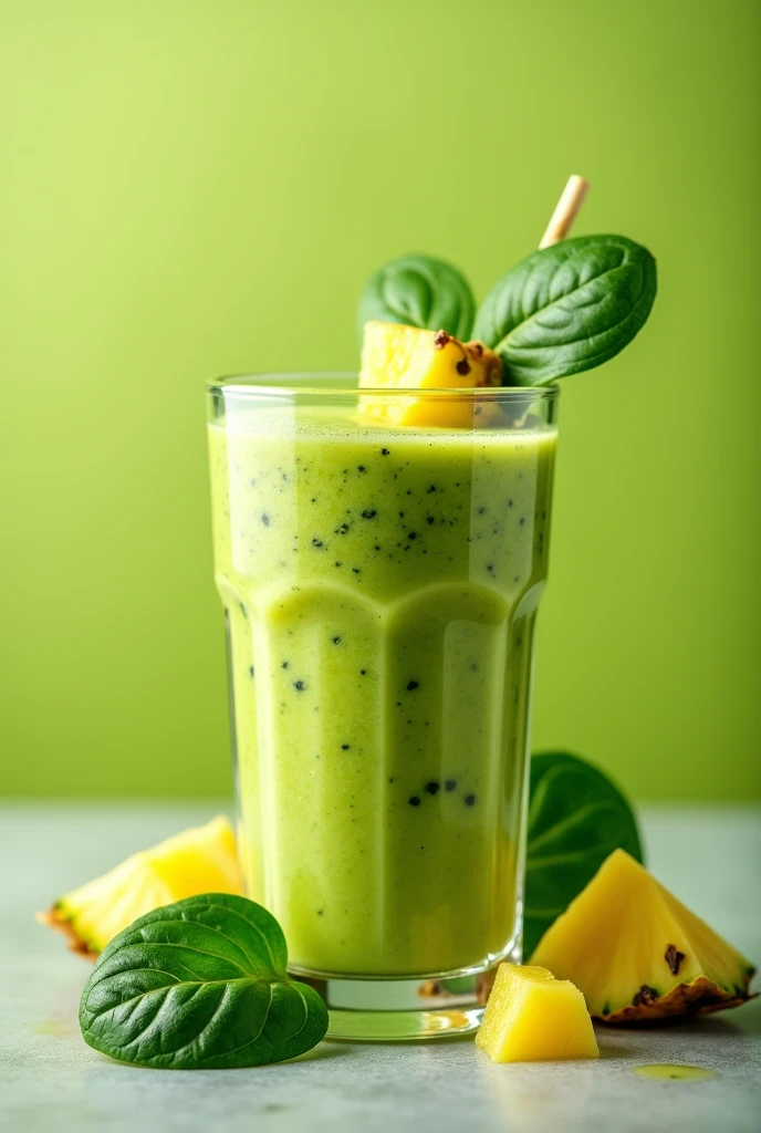 Create an image of this recipe: Pineapple and Spinach Smoothie Ingredients:

- Piña: 150 g - Fresh spinach: 50 g - Almond milk: 200 ml - Lemon juice: 10 ml - Honey: 10 g (Optional)

Preparation:

1. Peel and cut the pineapple into pieces.

2. In a blender, combine the pineapple, spinach, almond milk and lemon juice.

3. Blend until smooth.

4. Add honey to taste, if you wish, and mix again.

5. Serve in a glass and enjoy immediately..
