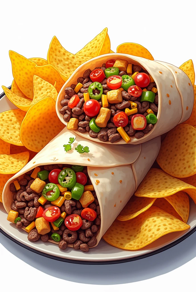 An image of a Mexican food that is a burrito with nachos that is eye-catching for a logo but in illustration, that the nachos go on the sides, that it has more ingredients, the taco is more attractive and appetizing, that the ingredients inside look better inside, that the burrito is big, that it is not on a plate.