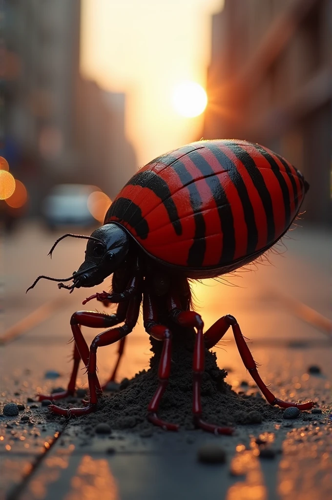 anthropoturnic Chinche rayada (Graphosoma lineatum) black and red, vivid colors, Human head of a 2 Italian model, neck growing from the ground on a sidewalk in Shanghai at sunset, Striped bed bugs around the neck, turn, fall, realism fotográfico, 4k,realism