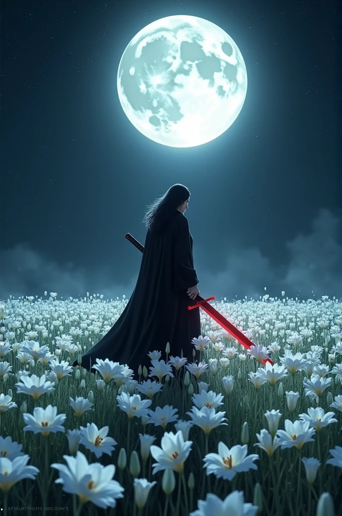 A field of white lilies, at night, with the full moon in the dark sky. in the middle, a man in black clothes, long dark hair carries a red bladed sword
