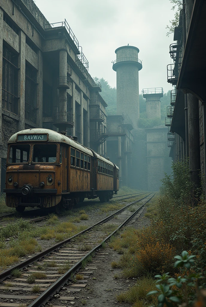 (best quality,4K,8K,high resolution, masterpiece:1.2),Extremely detailed, Clear focus,(Realist,photoRealist,fotorRealista:1.37),Extremely fine details, Intricate details,Bright colors,Intense colors,Depth comparison,Cinematic Depth of Field,Film composition,Movie camera angle(Photography focuses on abandoned industrial machinery.), Abandoned coal mine landscape, Machine placement, ((Trolleybus in ruins, 放置されたheavy equipment, Industrial waste)), Quiet, , The Minimalists, Industrial Environment, heavy equipment, net, dusty, Disturbing silence, the crumbling walls, Oxide, Overgrown vegetation, Remnants of past activities, Dark Space, Broken windows, colores Quiets, Mysterious atmosphere
