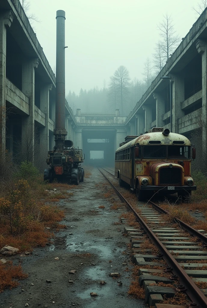 (best quality,4K,8K,high resolution, masterpiece:1.2),Extremely detailed, Clear focus,(Realist,photoRealist,fotorRealista:1.37),Extremely fine details, Intricate details,Bright colors,Intense colors,Depth comparison,Cinematic Depth of Field,Film composition,Movie camera angle(Photography focuses on abandoned industrial machinery.), Abandoned coal mine landscape, Machine placement, ((Trolleybus in ruins, 放置されたheavy equipment, Industrial waste)), Quiet, , The Minimalists, Industrial Environment, heavy equipment, net, dusty, Disturbing silence, the crumbling walls, Oxide, Overgrown vegetation, Remnants of past activities, Dark Space, Broken windows, colores Quiets, Mysterious atmosphere