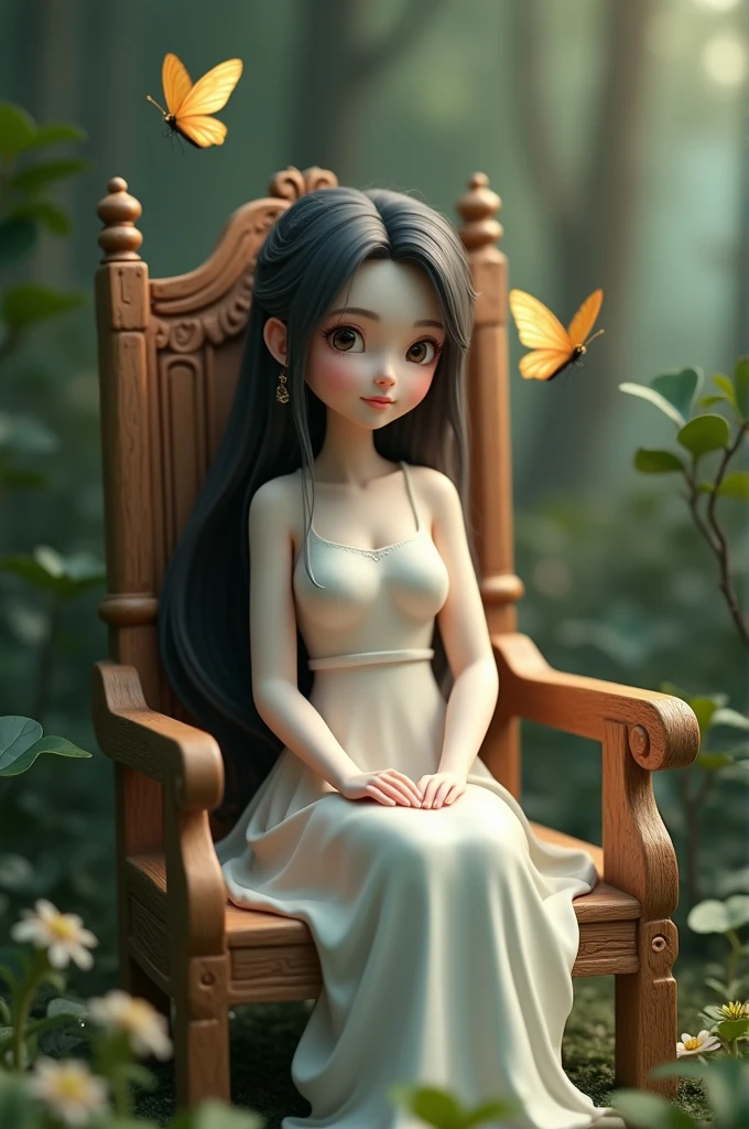 Make a 3d image a girl her name is "Kishuu". Behind two small butterfly. She sitting in a wood chair sh3le looking very beautiful.