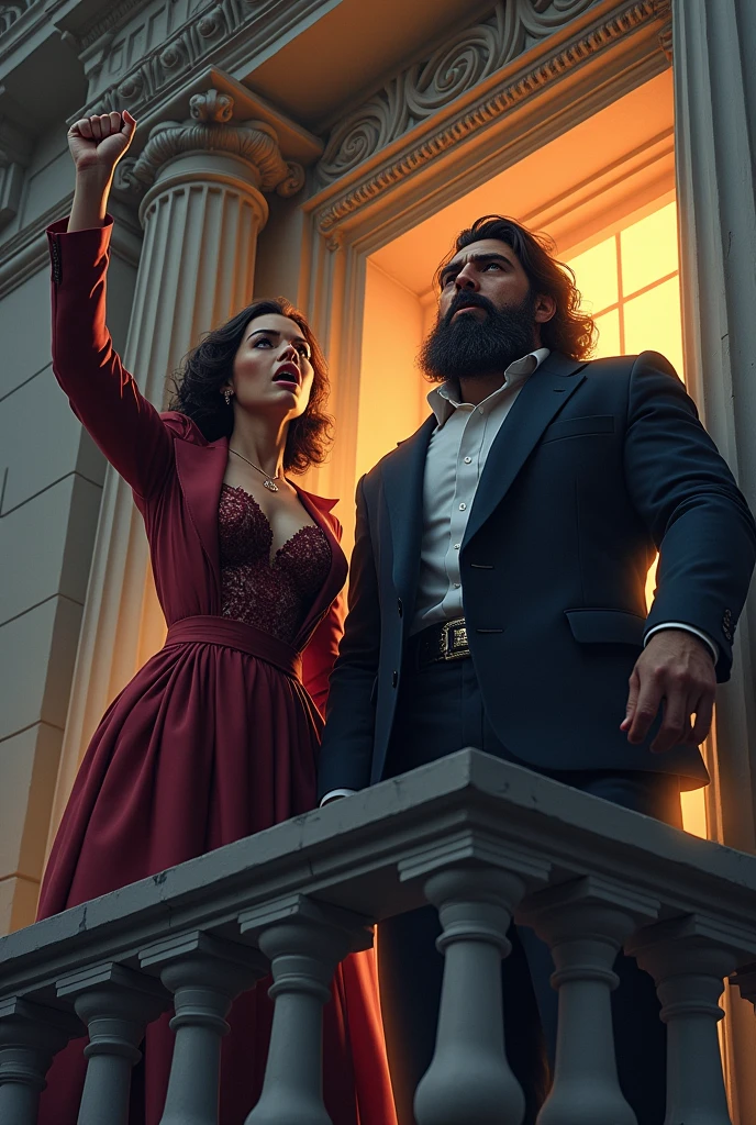 a bearded and masculine man, woman dressed on the balcony of a building screaming "Long live the death of my dick!" with enthusiasm, cinematic light, detailded, ultra reality,high resolution, comic design