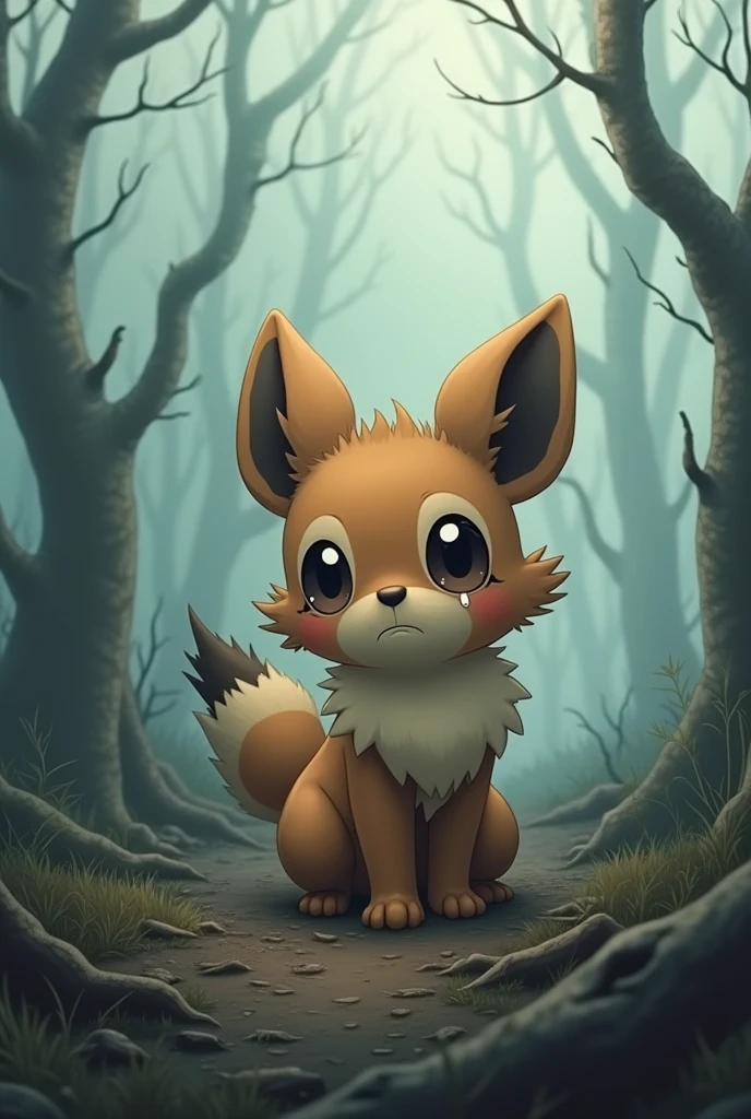 A cute sad character pokemon type that representates the deforestation