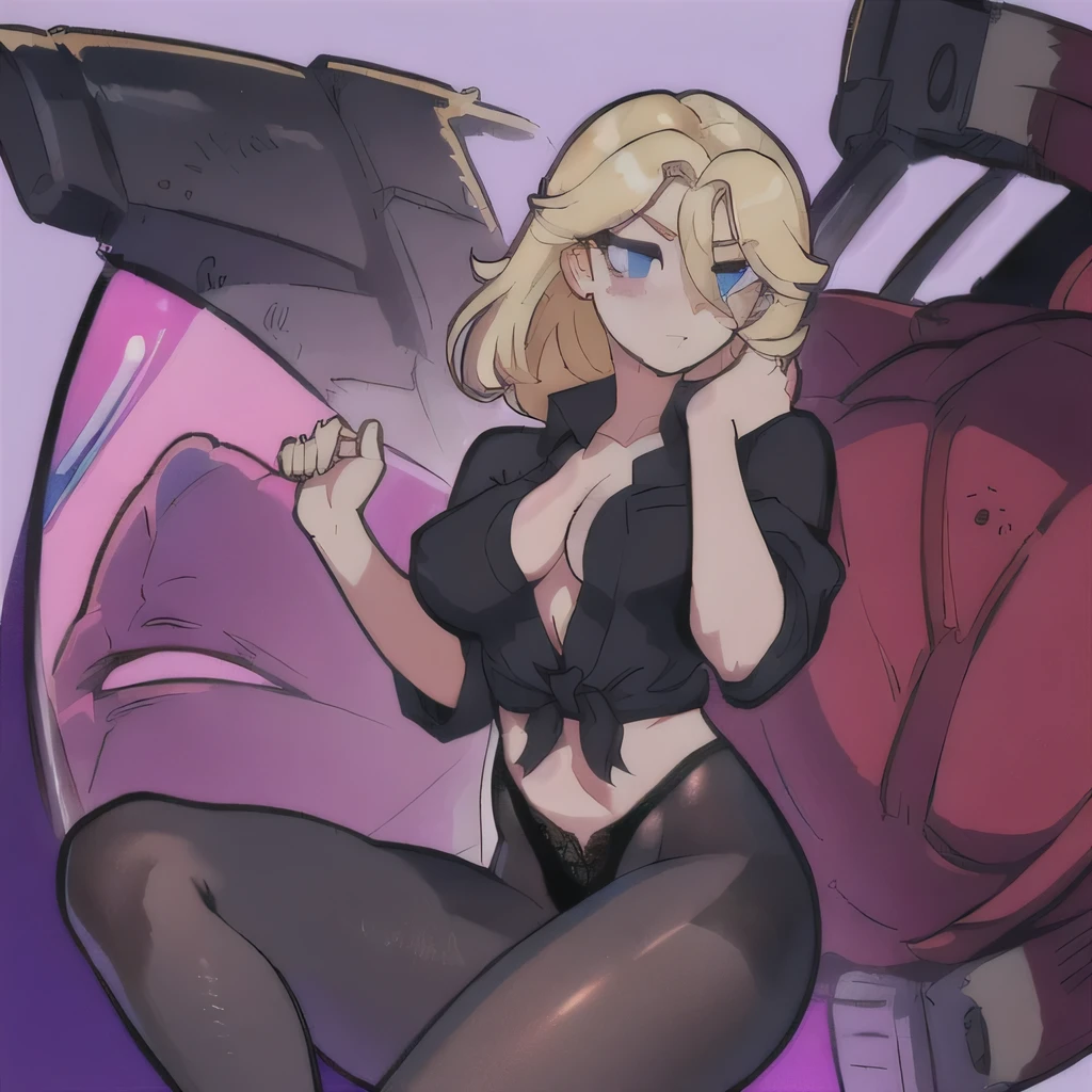 masterpiece, top quality, ((highly detailed)), Unity 8k wallpaper, (((detailed and defined artwork))), firmament, girl 1 person, long straight hair, hair between eyes, age: 16, pretty face, white, ((empty hands))((cleavage)), ((empty hand)), ((detailed artwork)) ((accurate anatomy)) ((black tied down shirt)) ((black pantyhose))((straight blonde hair)) ((((extremely detailed)))) (((beautiful body))) ((detailed symmetrical eyes)) ((normal human size head)) (((((accurate anatomy))))) ((transparent pantyhose)) (((lace pantyhose)))(((simple background)))