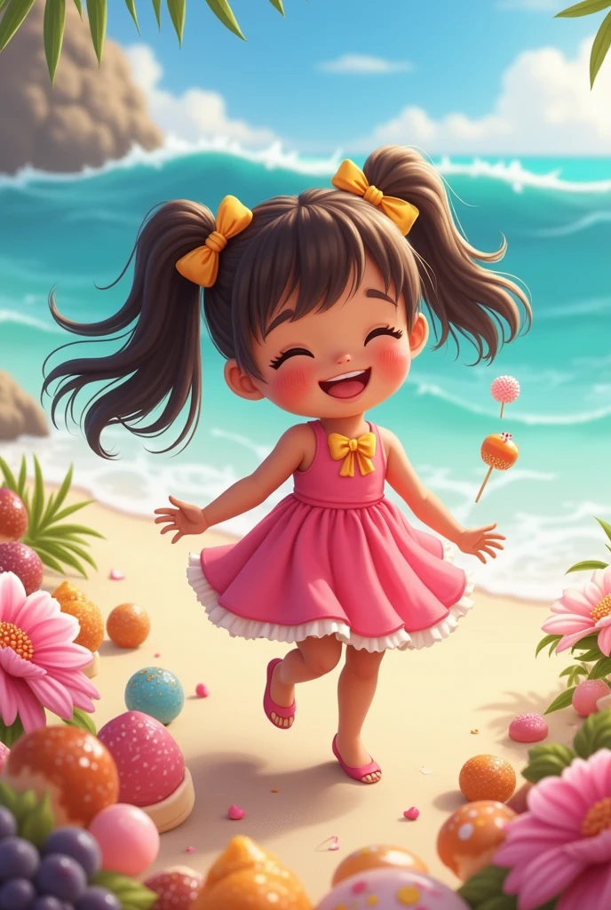  little Erê, brown skin, straight hair with pigtails in the hair, perto do mar, giggling, wearing a pink dress with yellow details, with bows in her hair, full of sweets nearby