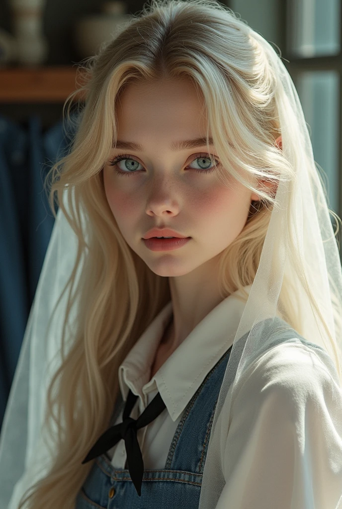 a blonde woman , hair veil, school uniform, UHD, Ultra-quality, Ultra-details, Ultra-resolution, Ultra-realistic, blue jeans, 16K, Hyperrealistic, Realistic Rendering