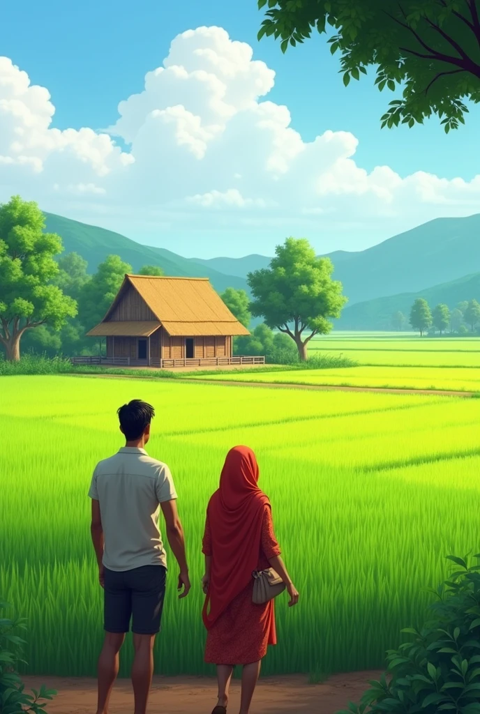 একটি বড় মাঠের মাঝখানে একটি বাড়ি থাকবে সে বাড়ির চারদিকে ধানক্ষেতে থাকবে এবং সে বাড়িতে দুইজন পুরুষ মহিলা দাঁড়িয়ে থাকবে। বাংলাদেশের প্রকৃতি