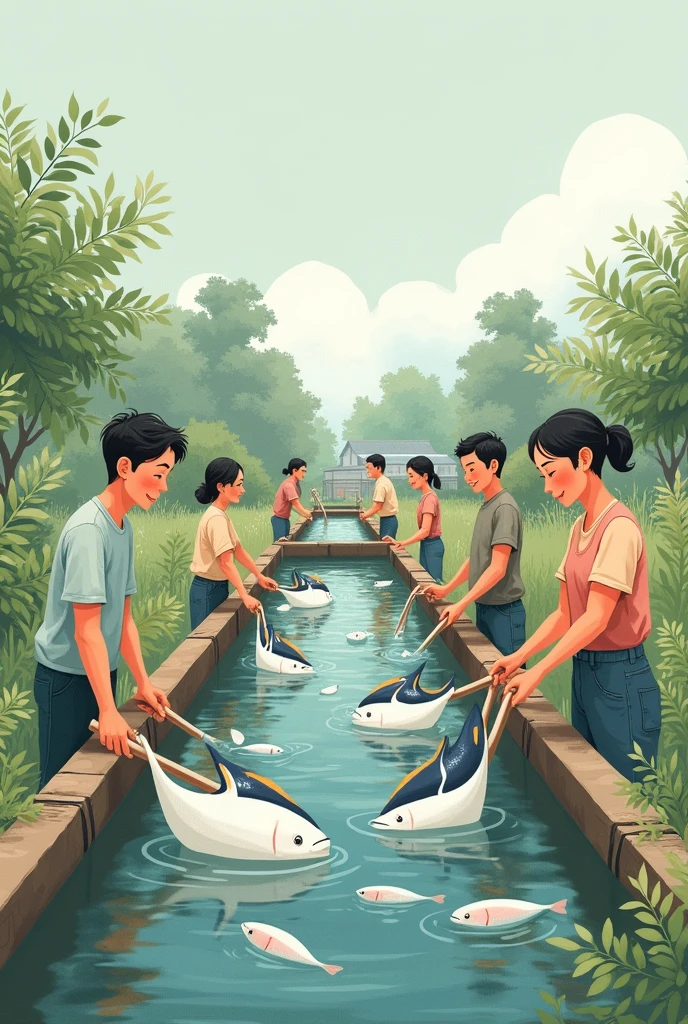 Men and women working on a fish farm, cute and tender drawing