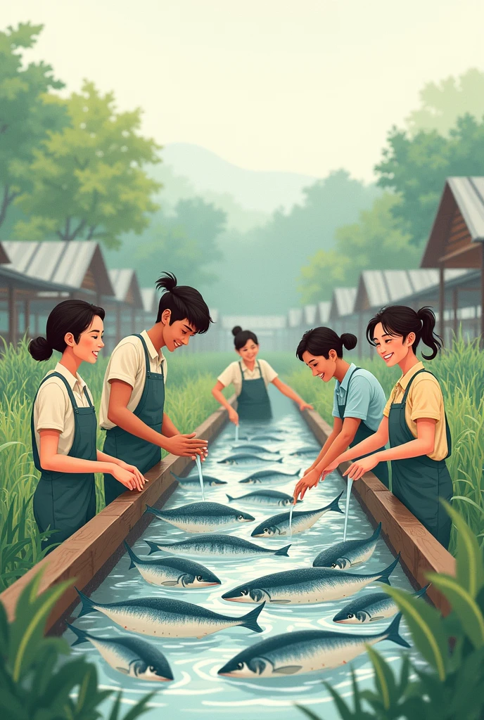 Men and women working on a fish farm, cute and tender drawing