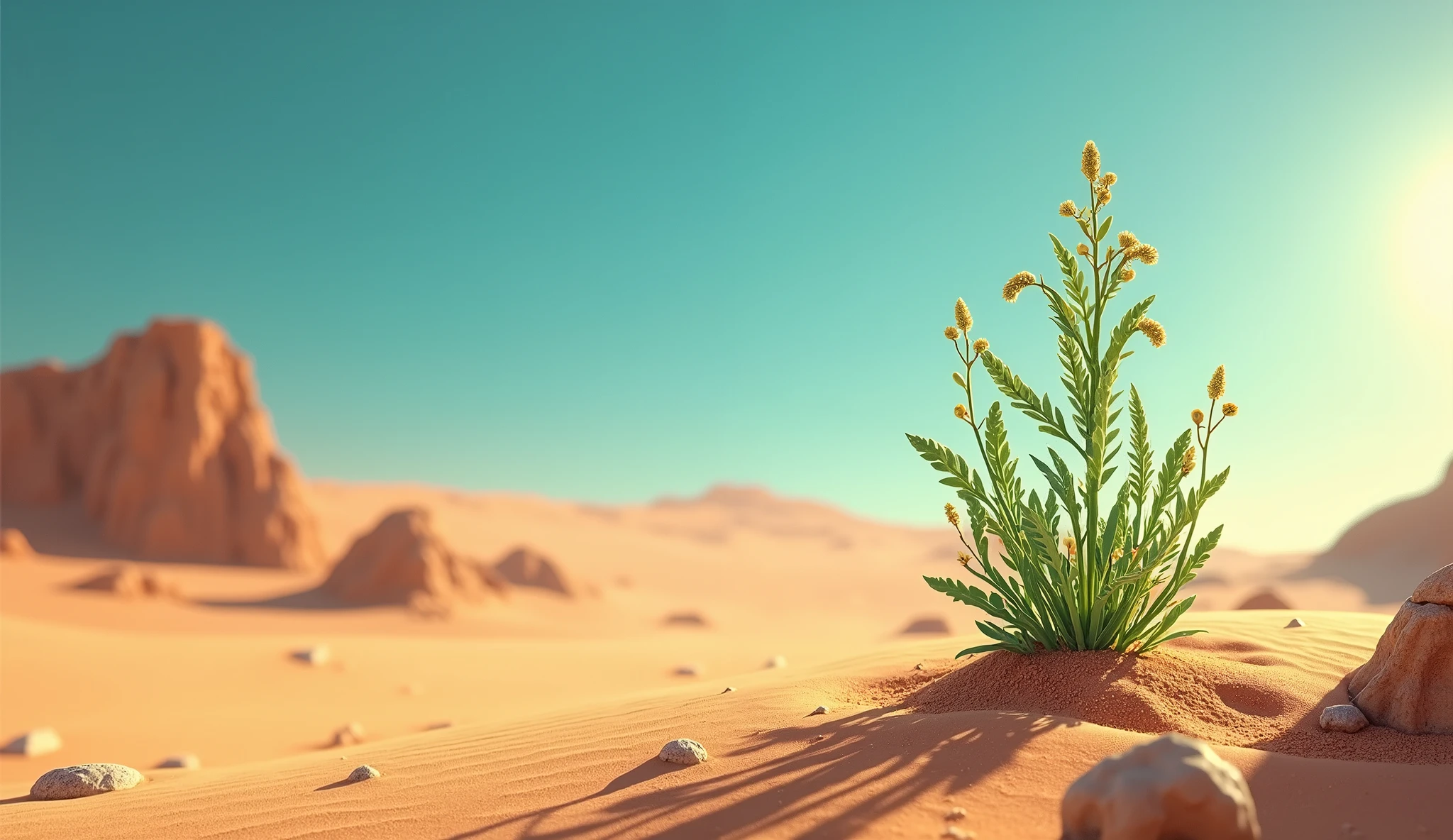 Plant on the right side of a desert illuminated by sunlight