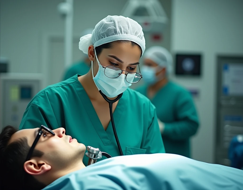 Sonakshi Sinha as surgeon, wearing green scrubs, wearing skull cap, wearing surgical glasses, examining male patient with stethoscope in gurney, in operation theatre, fullbody view,
