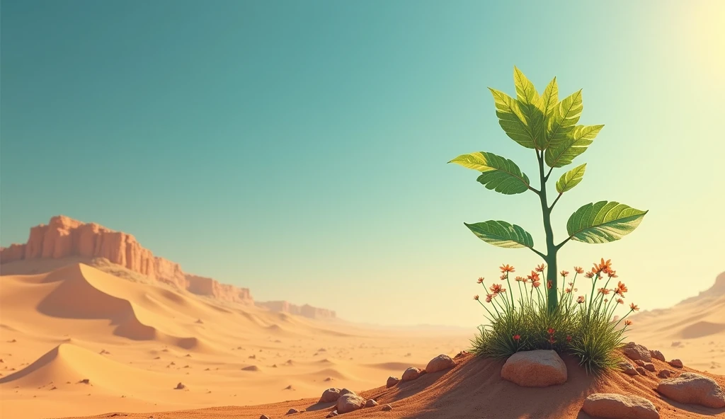 Plant on the right side of a desert illuminated by sunlight