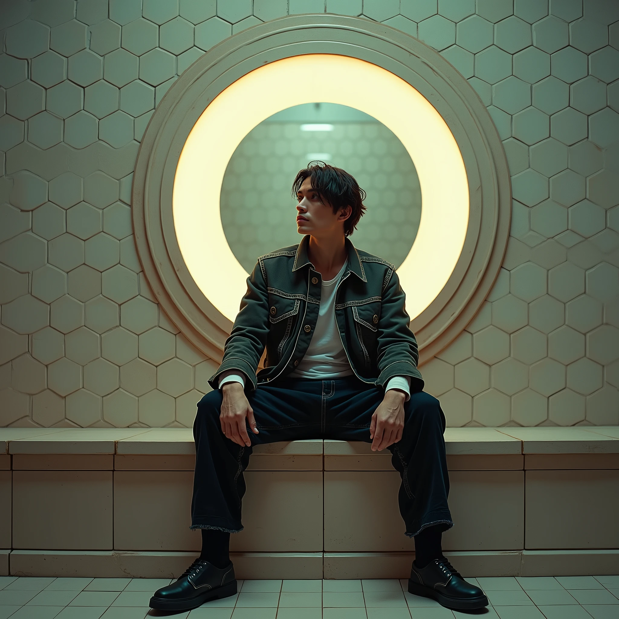 a man wearing grunge clothes, geometric tiles, circular mirror, bright lighting, hexagonal patterns, neoclassicism, photo by Nobuyoshi Araki, (best quality,4k,8k,highres,masterpiece:1.2),ultra-detailed,(realistic,photorealistic,photo-realistic:1.37),studio lighting,HDR,UHD,extreme detail description,professional,vivid colors,bokeh,fashion,portrait,photography