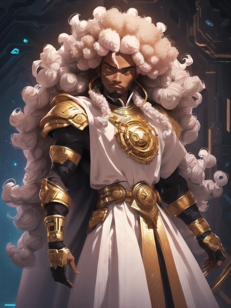 there is a man with a afro standing in a room, concept art inspired by Rajmund Kanelba, pexels, afrofuturism, afro futuristic, with afro, samurai with afro, black man with afro hair, afrofuturistic, afro futurism, afro - futurist style, afro, a black man with long curly hair, afroamerican, from avengers, afro tech