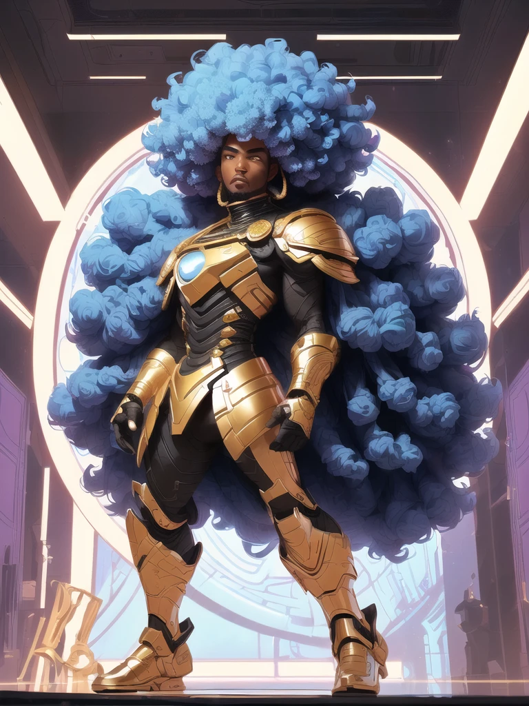 there is a man with a afro standing in a room, concept art inspired by Rajmund Kanelba, pexels, afrofuturism, afro futuristic, with afro, samurai with afro, black man with afro hair, afrofuturistic, afro futurism, afro - futurist style, afro, a black man with long curly hair, afroamerican, from avengers, afro tech