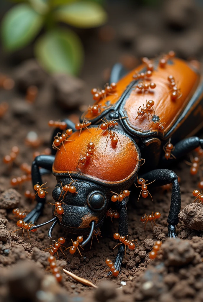 together lots of ants are eating a large insect.