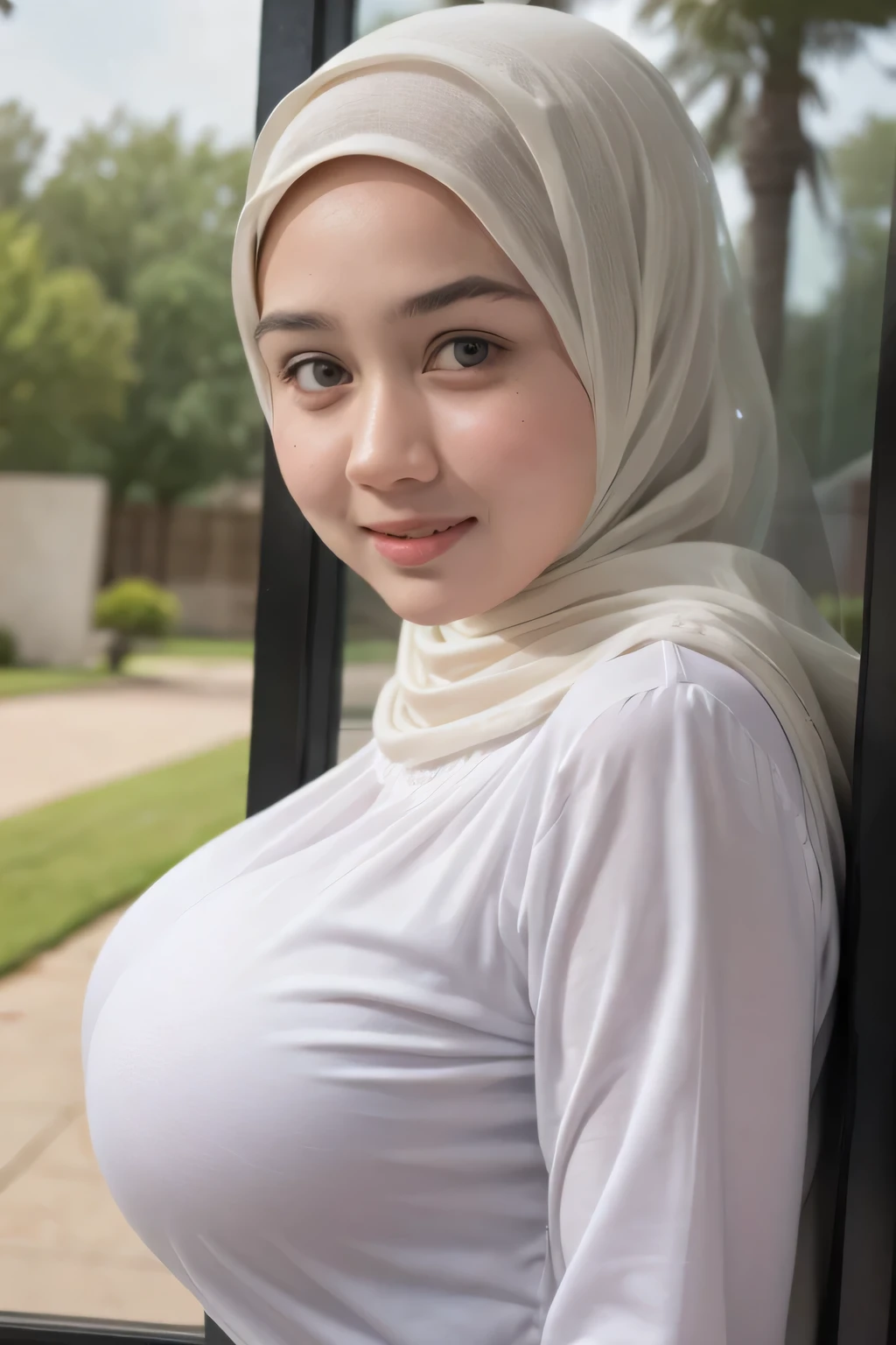 (Naked Strapless dress), Chubby adorable, 1 girl, (face to face), , baby face, happy, half body portrait, (face details: 1), (eye details: 1), ((big breasts)). wearing transparent transparency soft soft night dress, ((hijab)), .. Cute posed. proportional body. Ultra High Res. realistic: 1.4, UHD, (floral pattern), view from side seductive pose,