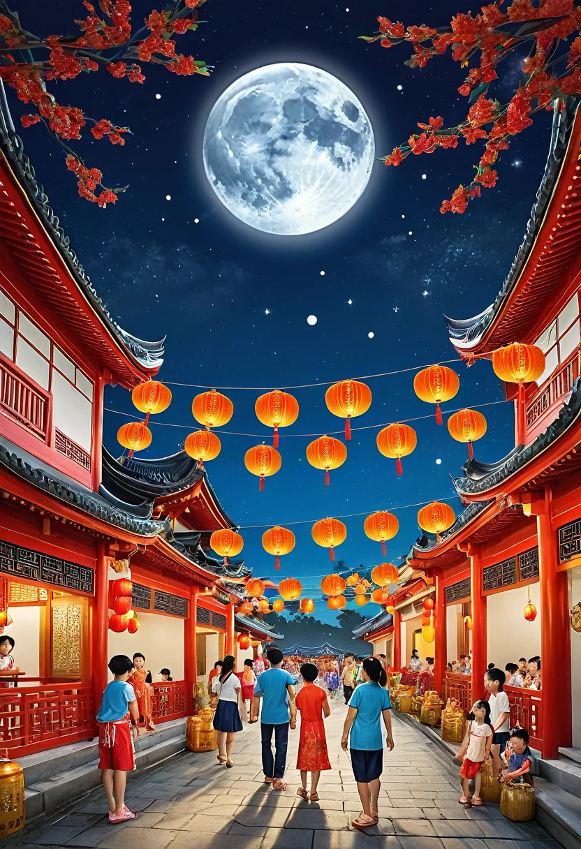 "A vibrant scene from the Mid-Autumn Festival, featuring families gathering to enjoy mooncakes and admire the full moon. The setting includes beautifully decorated outdoor areas with traditional lanterns and festive lights. Children play with colorful lanterns, and the moon is prominently visible in the night sky, symbolizing unity and the harvest." ULTRA REALISTIC