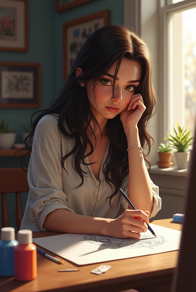 Brunette woman sitting in front of the table with a drawn paper and bottles of paint, holding a pencil and looking forward