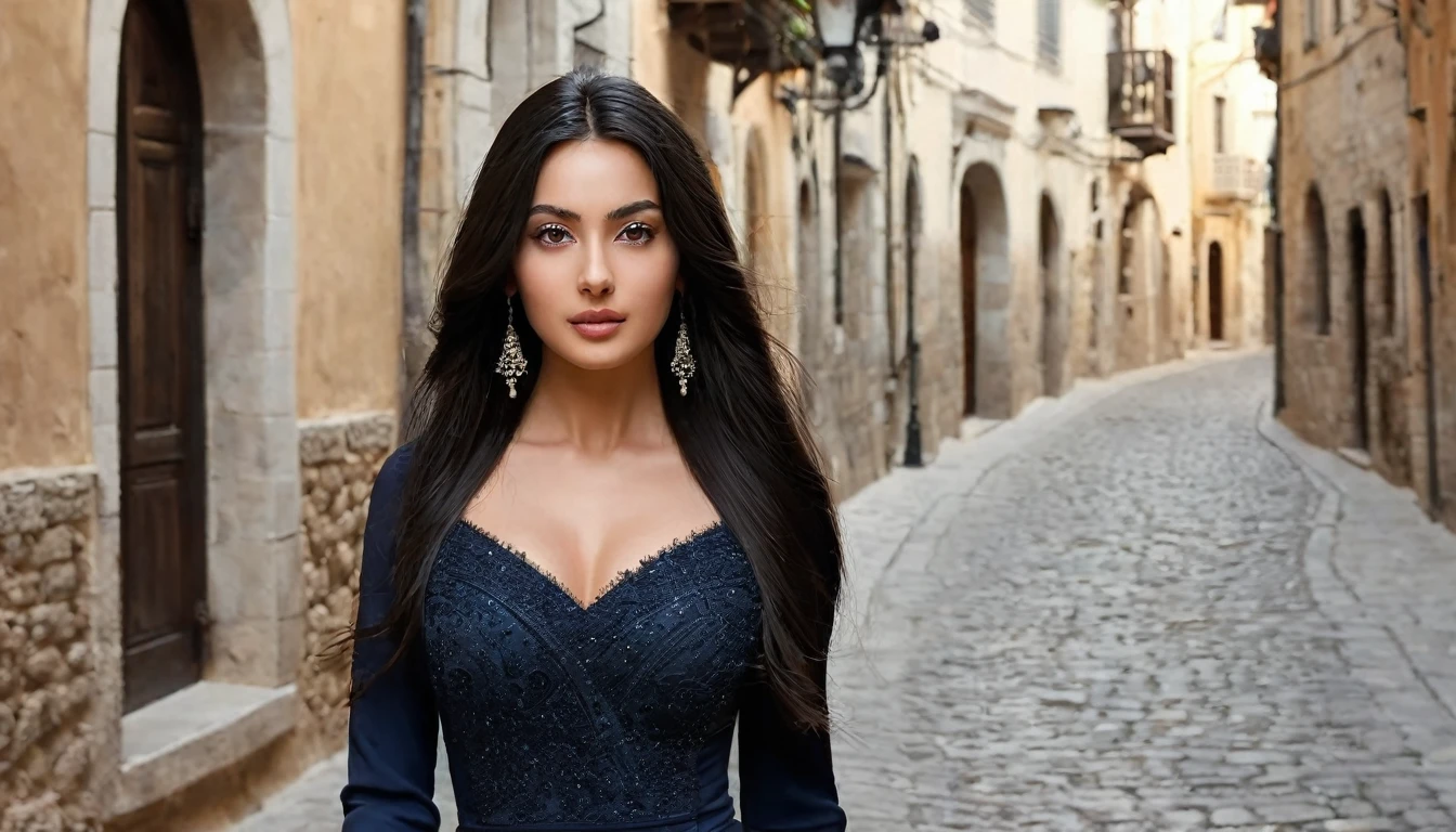 (Masterpiece, Top quality, Best quality, beautiful and aesthetic:1.2), Tight fitting dress with elegant details for walking through the narrow, picturesque streets of the historic old town, 1, Perfect body, Perfect rare face, (Very detailed skin), Long black hair, Skin texture, Sharp focus on the rare face, Perfect brown eyes, (Photorealistic), Grainy, Name Samira,