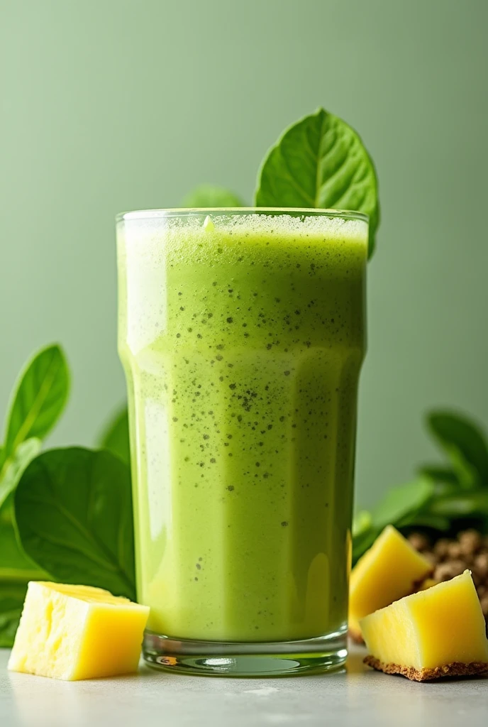 Create an image of this recipe: Pineapple and Spinach Smoothie Ingredients:

- Piña: 150 g - Fresh spinach: 50 g - Almond milk: 200 ml - Lemon juice: 10 ml - Honey: 10 g (Optional)

Preparation:

1. Peel and cut the pineapple into pieces.

2. In a blender, combine the pineapple, spinach, almond milk and lemon juice.

3. Blend until smooth.

4. Add honey to taste, if you wish, and mix again.

5. Serve in a glass and enjoy immediately..
