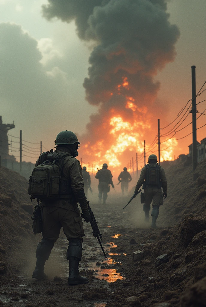 epic trench warfare with massive destruction and death in diesel punk theme