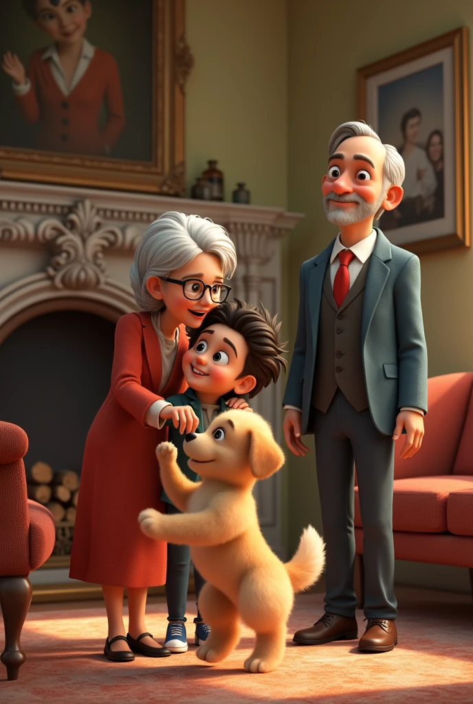 Create an image of a grandmother, a ager, a puppy and an Italian gentleman