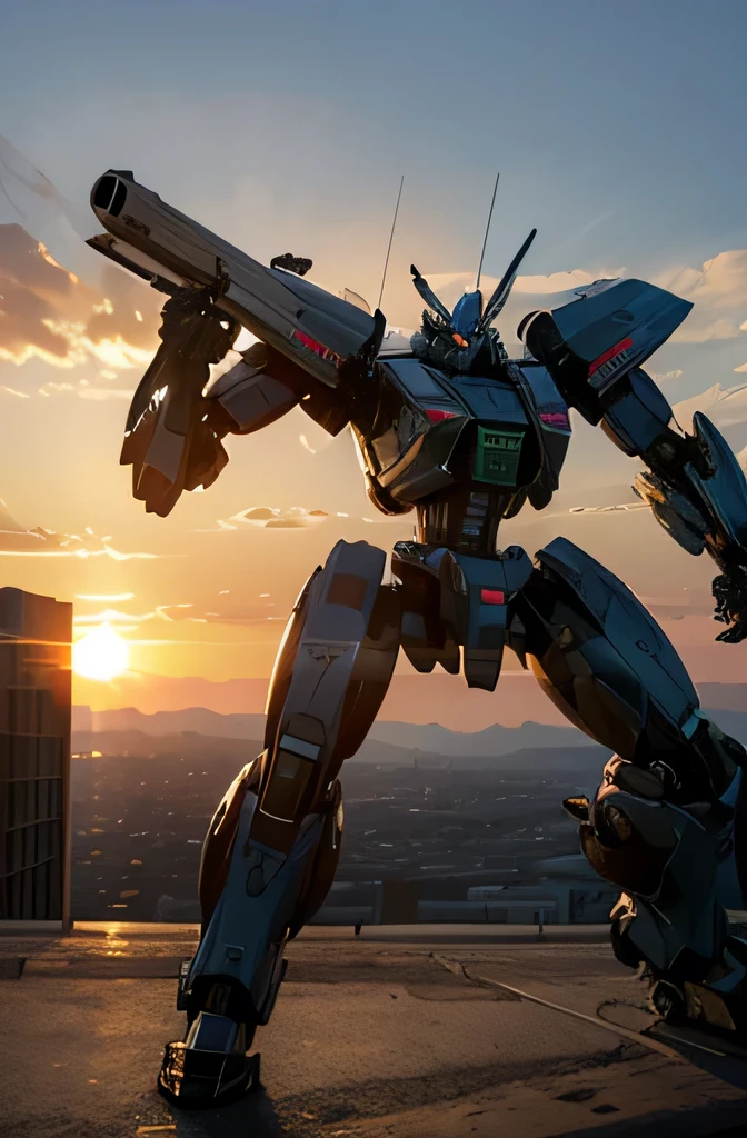 A mecha fighting against a monster, open plan, a sunset 