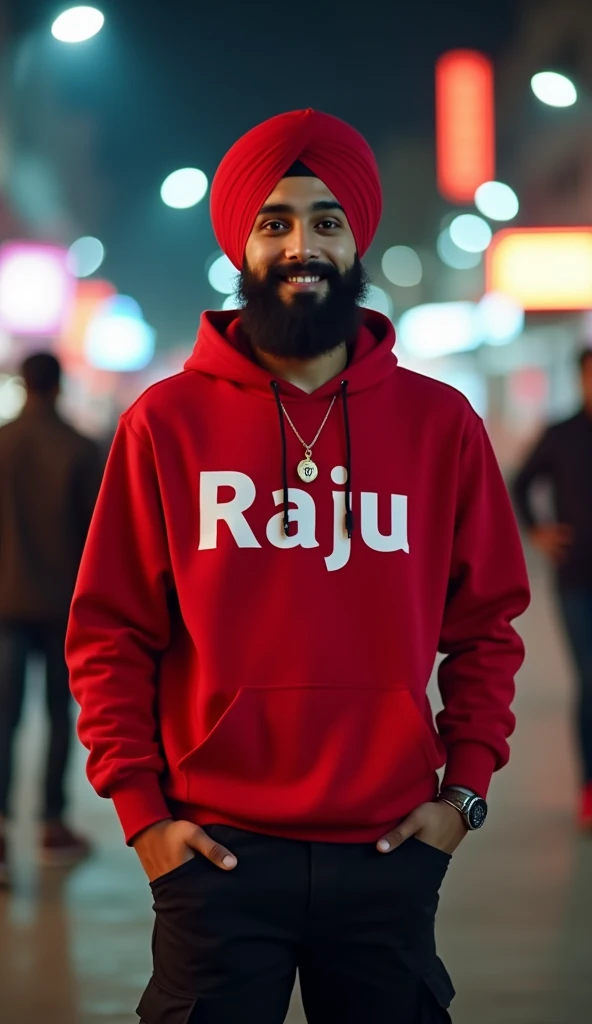 " A 18 YEAR PUNJABI BOY giving his heart toA PUNJABI GIRL wear Punjabi suit,smile , WEARING A RED TURBAN ,RED Hoodie ON WRITE BOLD NAME "RAJU", black cargo PANT, and holding and see his name which write chest in Punjab his body luck front of the camara , his background in AMRITSAR city , waiting for a bus at night, wide angle shot, RUN TO CAUGHT BUS,BACKGROUND BOLD NAME "RAJU" Neck In locket this letter "R"