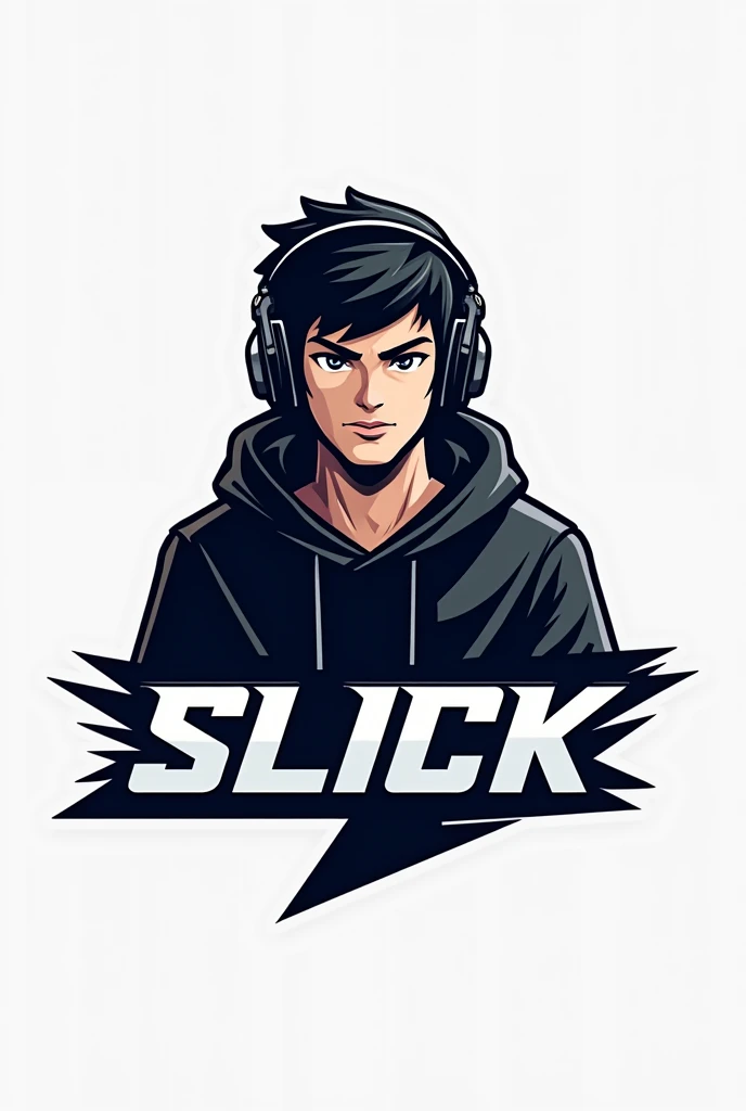 Create a logo of a gamer boy wearing headphones and a black hoodie, e abaixo dele, write in blank "slick"